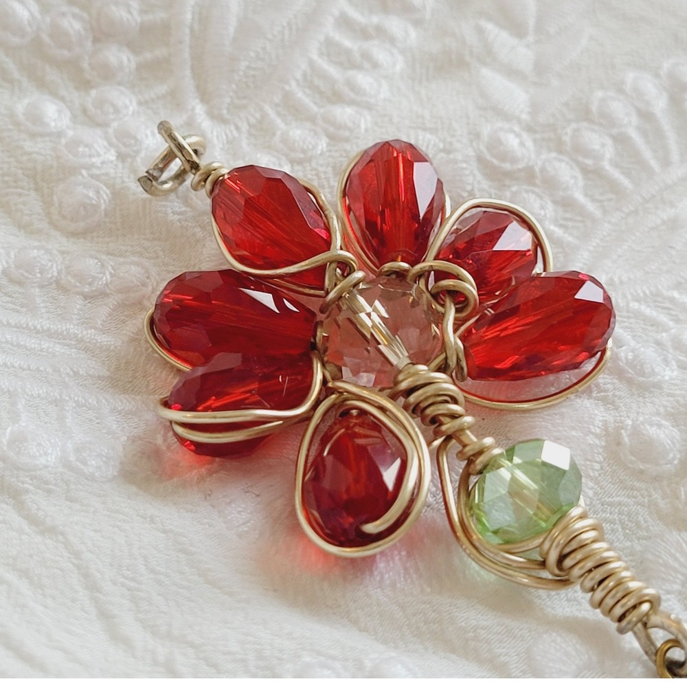 Handmade Flower Pendant Red Green Crystal Wire Wrapped Artisan Botanical 21740